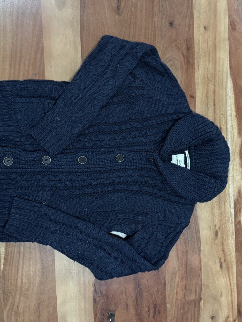 DN Sixty Seven navy cable-knit shawl cardigan – size S